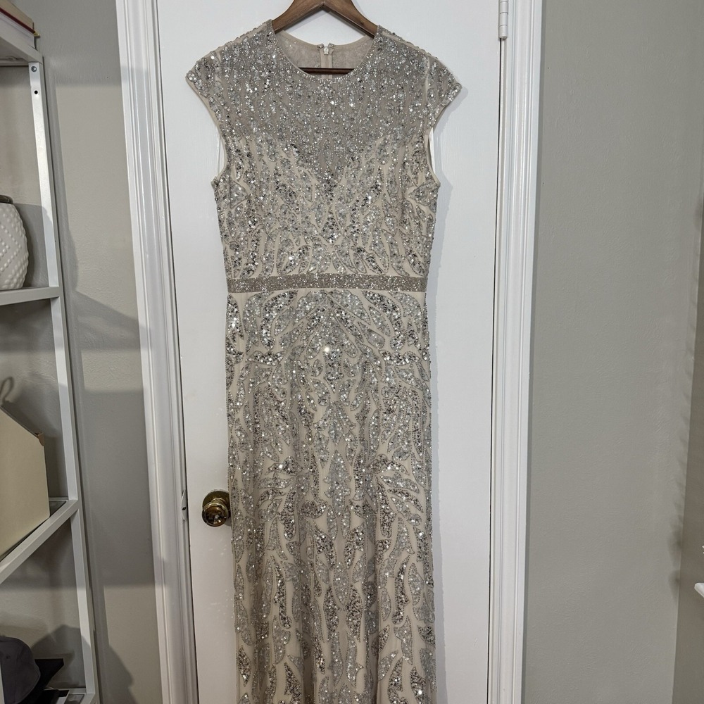 Mac Duggal Nude Silver Illusion Sheer Cap Sleeve Bead Sequin Belted Modest 5532 - Picture 4 of 16